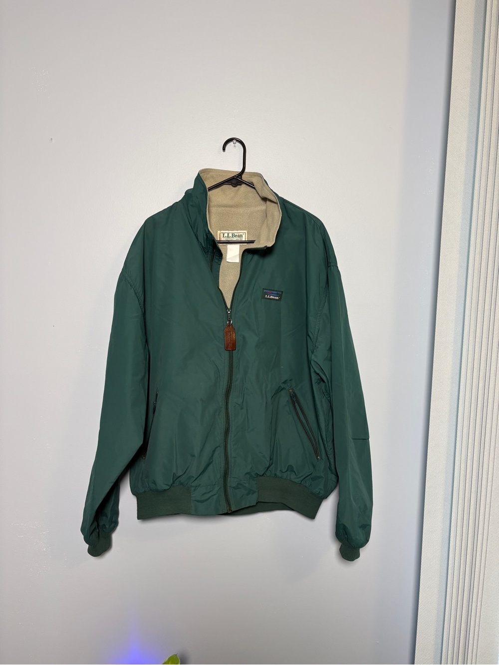 L.L. Bean Dark Green Bomber Jacket with Beige Fleece Collar